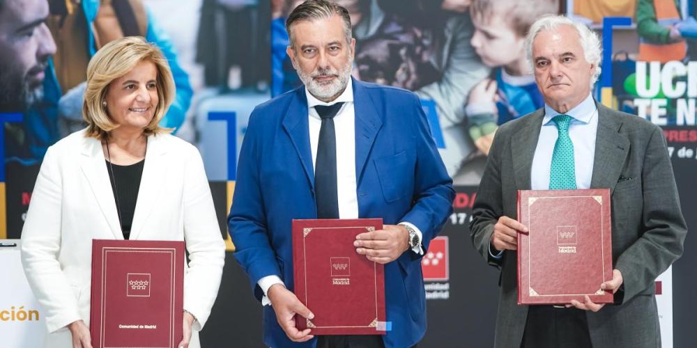 De izda. a dcha., la presidenta de la Fundación CEOE, Fátima Báñez; el consejero de Presidencia, Justicia e Interior de la Comunidad de Madrid, Enrique López; y el presidente de CEIM, Miguel Garrido.