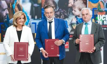 De izda. a dcha., la presidenta de la Fundación CEOE, Fátima Báñez; el consejero de Presidencia, Justicia e Interior de la Comunidad de Madrid, Enrique López; y el presidente de CEIM, Miguel Garrido.